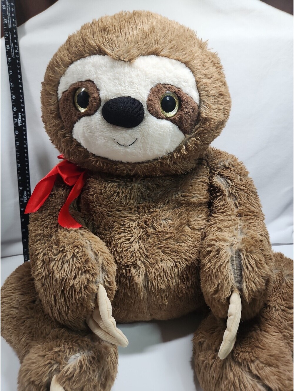 Large sloth stuffed animal With Red Bow, Approx 20" Sitting Down